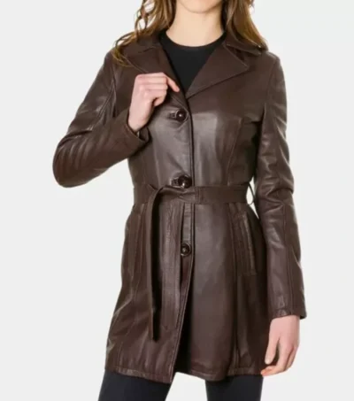 Classic Dark Brown Belted Leather Jacket for Women