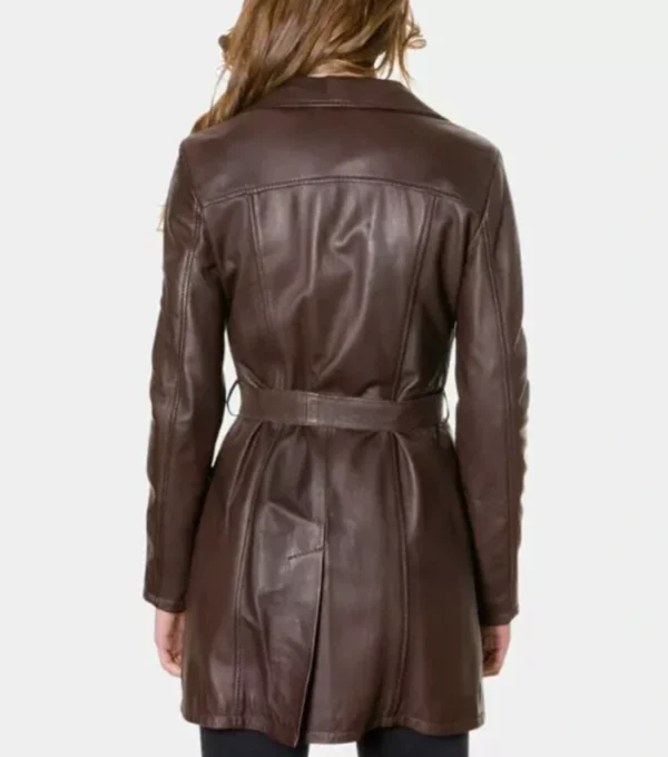 Classic Dark Brown Belted Leather Jacket for Women Back