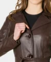 Classic Dark Brown Belted Leather Jacket for Women Front