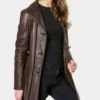 Classic Dark Brown Belted Leather Jacket for Women on Sale