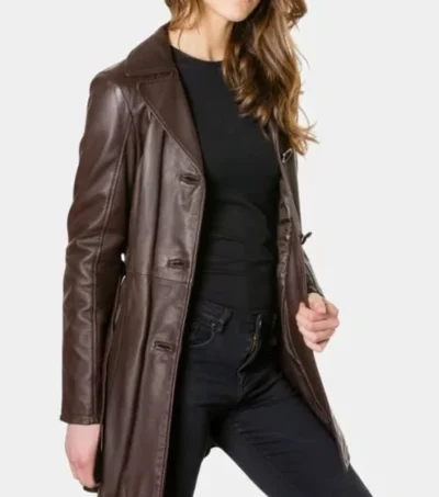 Classic Dark Brown Belted Leather Jacket for Women on Sale