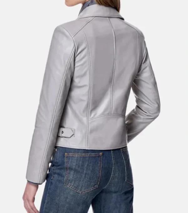 Classic Grey Leather Biker Jacket Back