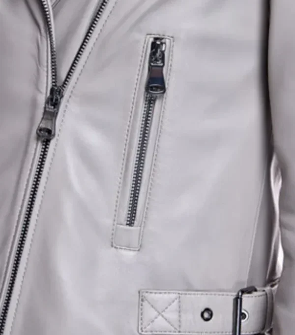 Classic Grey Leather Biker Jacket Closer