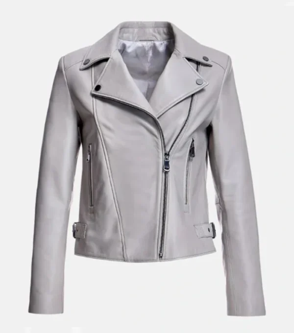 Classic Grey Leather Biker Jacket Front