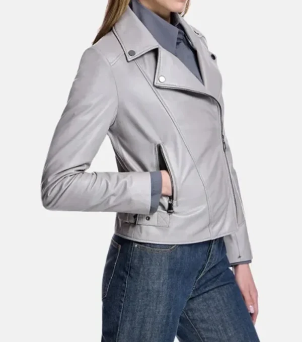 Classic Grey Leather Biker Jacket Side Look