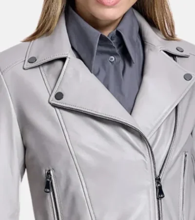 Classic Grey Leather Biker Jacket on Sale