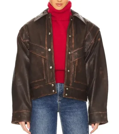 Classic Oversized Brown Leather Jacket on Sale