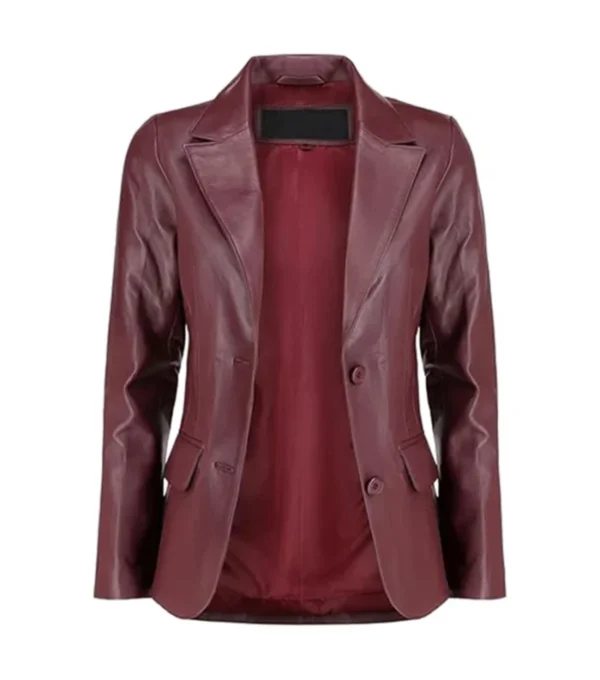 Classic Women’s Burgundy Leather Blazer Front