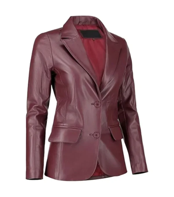 Classic Women’s Burgundy Leather Blazer Side Look