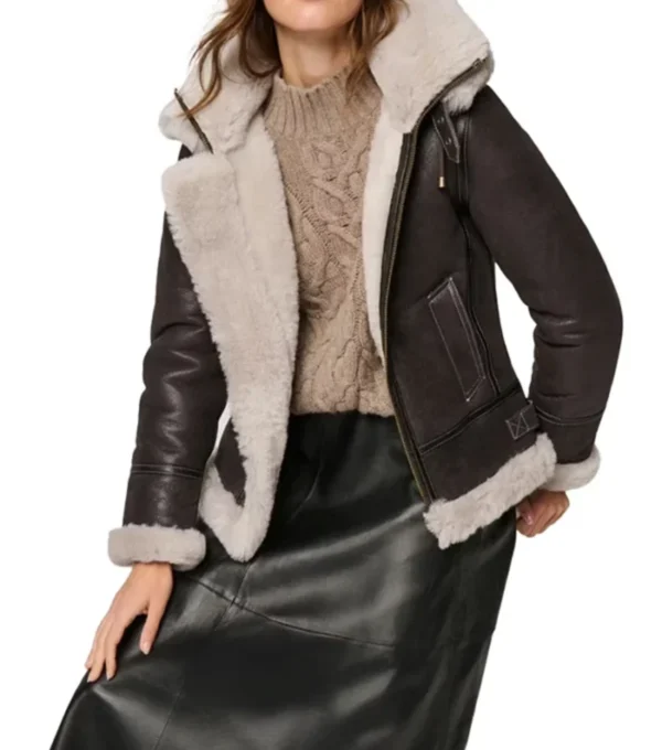 Dark Brown Leather B3 Jacket with Hood Side Look