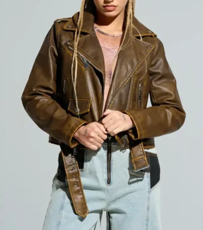 Distressed Brown Leather Motorcycle Jacket