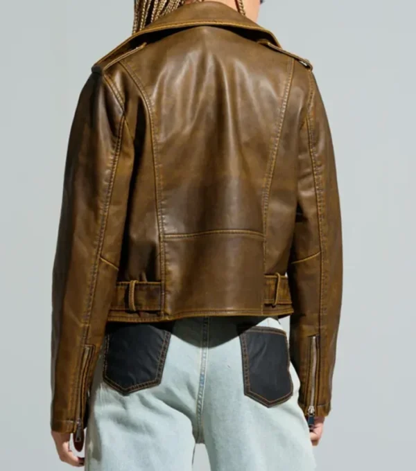 Distressed Brown Leather Motorcycle Jacket Back