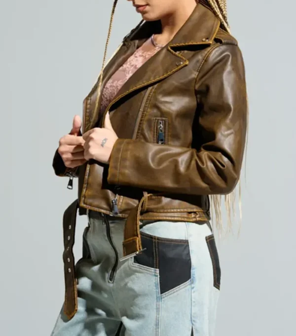 Distressed Brown Leather Motorcycle Jacket Side Look