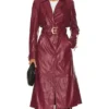 Long Belted Burgundy Leather Coat for Women