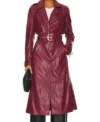 Long Belted Burgundy Leather Coat for Women
