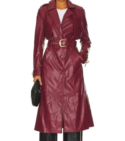Long Belted Burgundy Leather Coat for Women