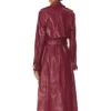 Long Belted Burgundy Leather Coat for Women Back