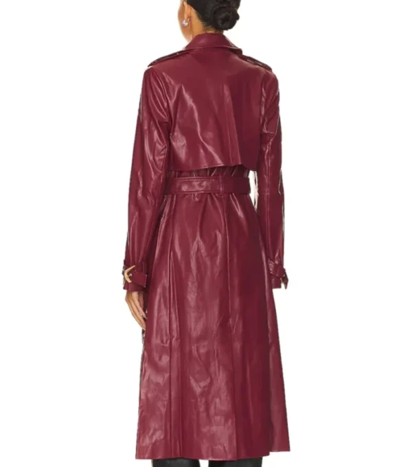 Long Belted Burgundy Leather Coat for Women Back