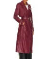Long Belted Burgundy Leather Coat for Women Side