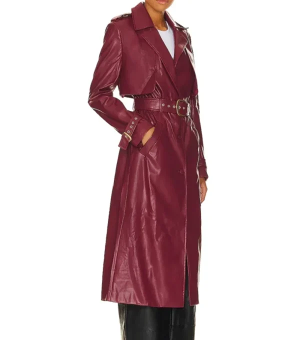 Long Belted Burgundy Leather Coat for Women Side