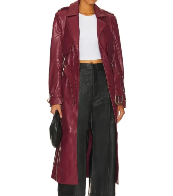 Long Belted Burgundy Leather Coat for Women on Sale