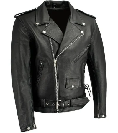 Men Black Leather Biker Jacket with Side Laces