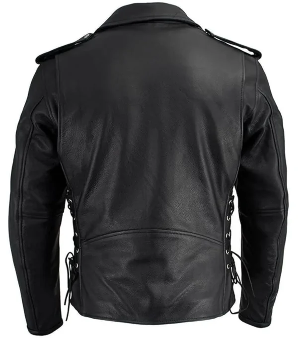 Men Black Leather Biker Jacket with Side Laces Back