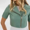 Mint Green Cropped Leather Motorcycle Jacket Front