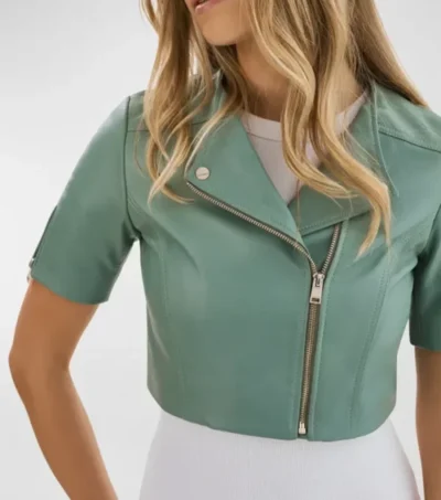 Mint Green Cropped Leather Motorcycle Jacket Front