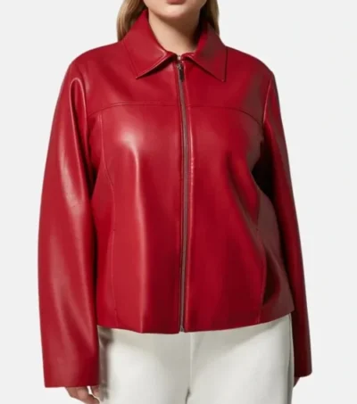 Red Zipper Leather Jacket for Women