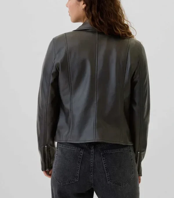 Simple Black Biker Leather Jacket for Women Back