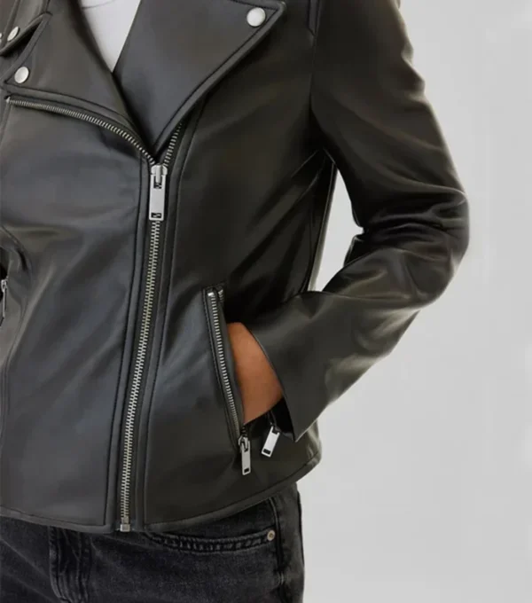 Simple Black Biker Leather Jacket for Women Pocket
