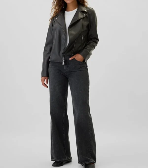Simple Black Biker Leather Jacket for Women on Sale