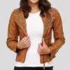 Studded Collar Brown Biker Leather Jacket