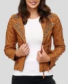 Studded Collar Brown Biker Leather Jacket