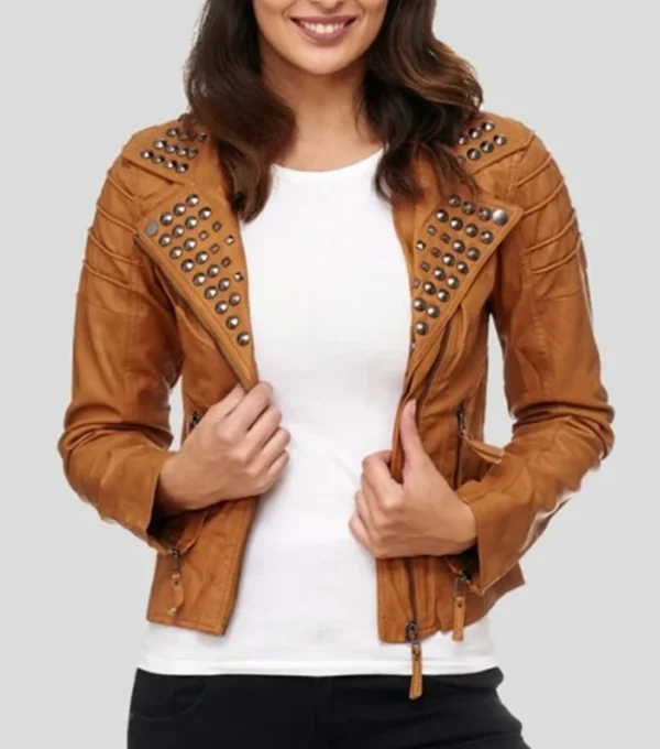 Studded Collar Brown Biker Leather Jacket