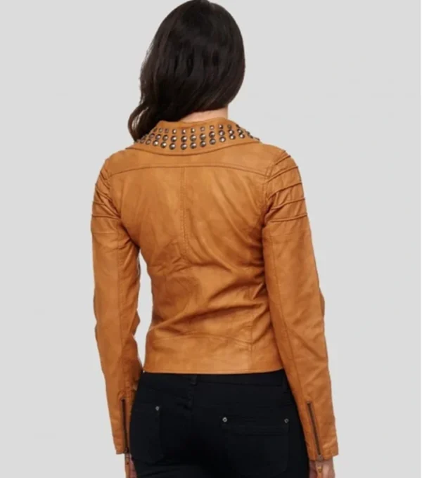 Studded Collar Brown Biker Leather Jacket Back