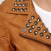 Studded Collar Brown Biker Leather Jacket Closer