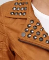 Studded Collar Brown Biker Leather Jacket Closer