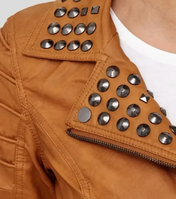 Studded Collar Brown Biker Leather Jacket Closer