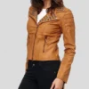 Studded Collar Brown Biker Leather Jacket Side Look