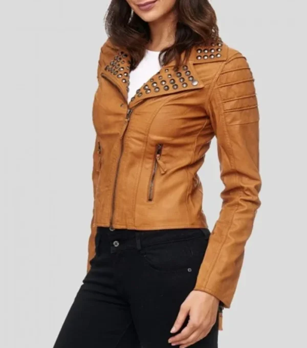 Studded Collar Brown Biker Leather Jacket Side Look