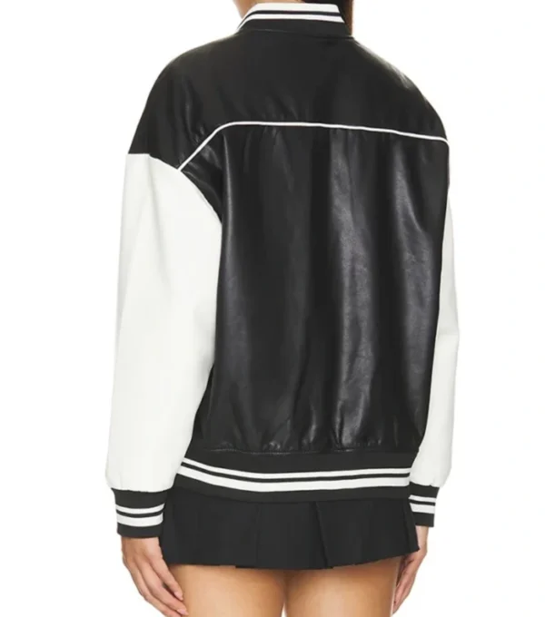 Stylish Black and White Leather Varsity Jacket Back