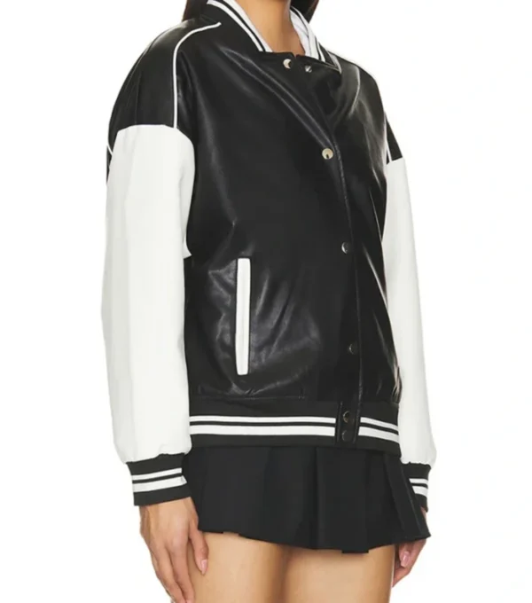 Stylish Black and White Leather Varsity Jacket Side Look