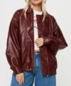 Stylish Oversized Burgundy Leather Bomber Jacket