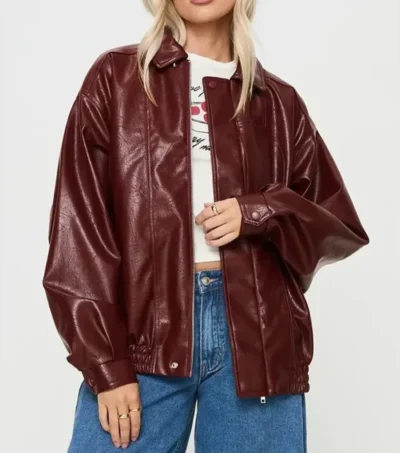 Stylish Oversized Burgundy Leather Bomber Jacket
