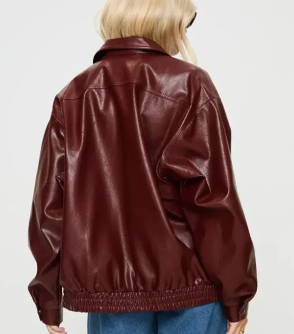 Stylish Oversized Burgundy Leather Bomber Jacket Back