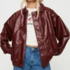 Stylish Oversized Burgundy Leather Bomber Jacket Front