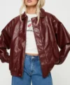 Stylish Oversized Burgundy Leather Bomber Jacket Front