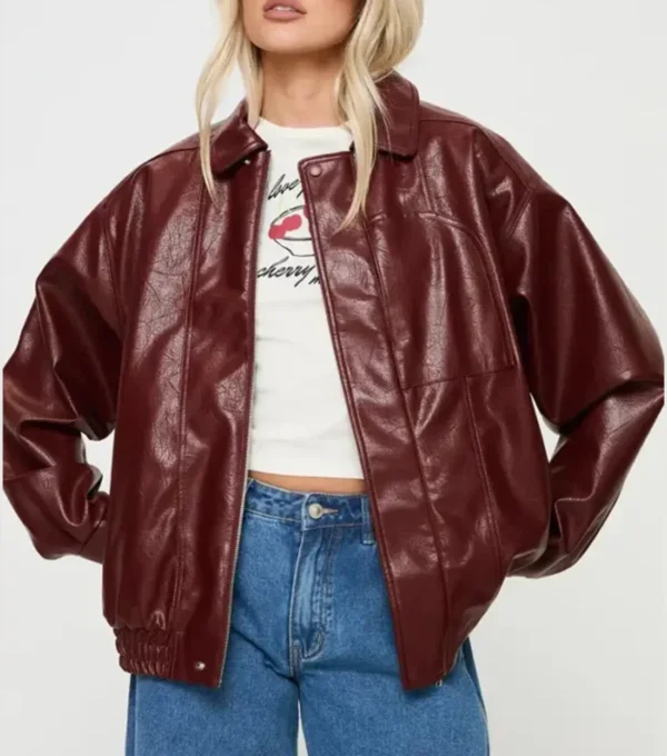 Stylish Oversized Burgundy Leather Bomber Jacket Front